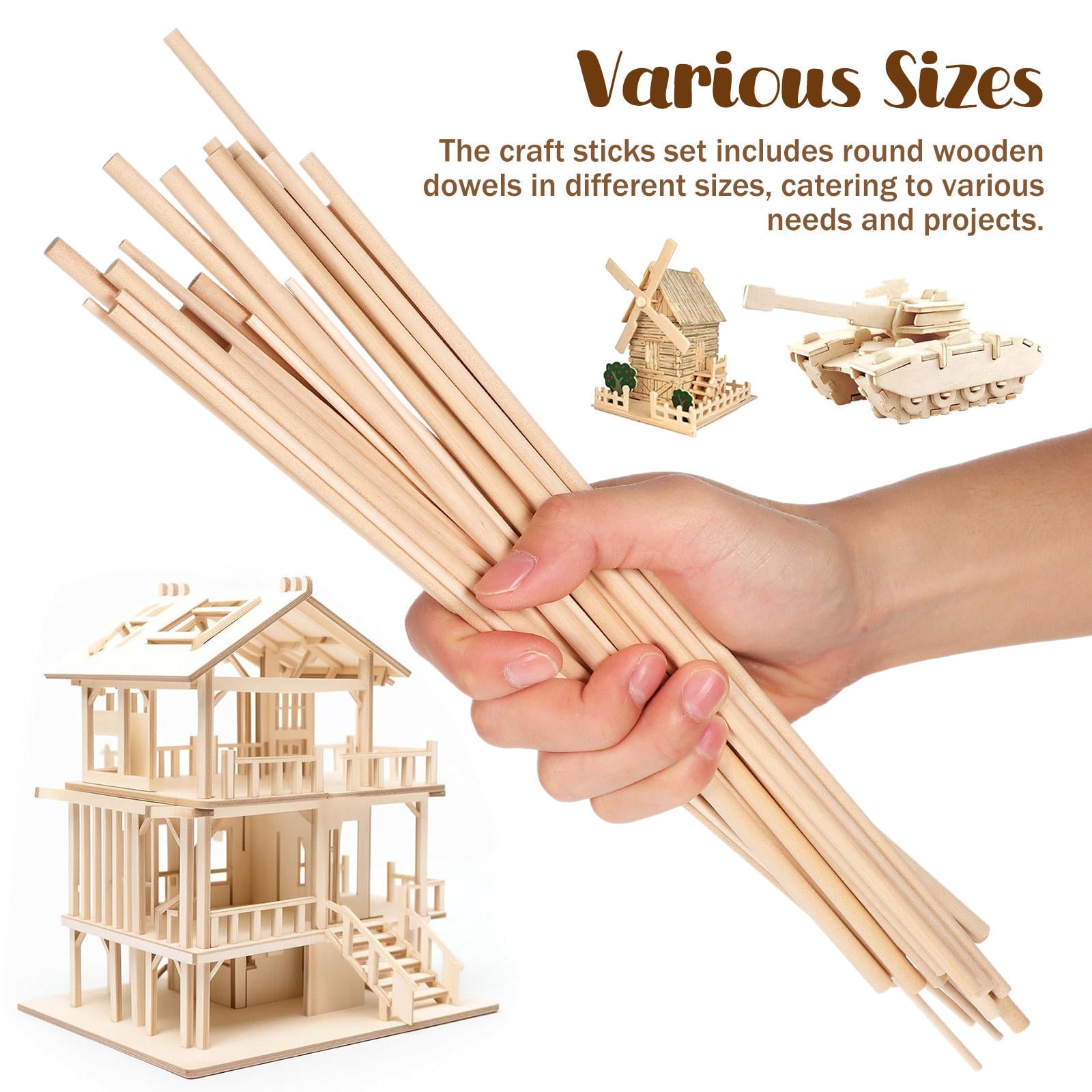 Tineasur 215Pcs Wooden Dowel Rods for Crafts Smooth Round Wood Sticks for Various DIY Applications