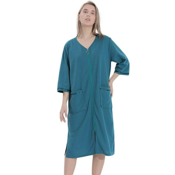 UP TO 15% OFF! Men Women's Zip Up Housecoat Soft Bathrobe Half Sleeve Sleepwear Full Length Pure Loungewear with 2 Pockets, Green, XXXL