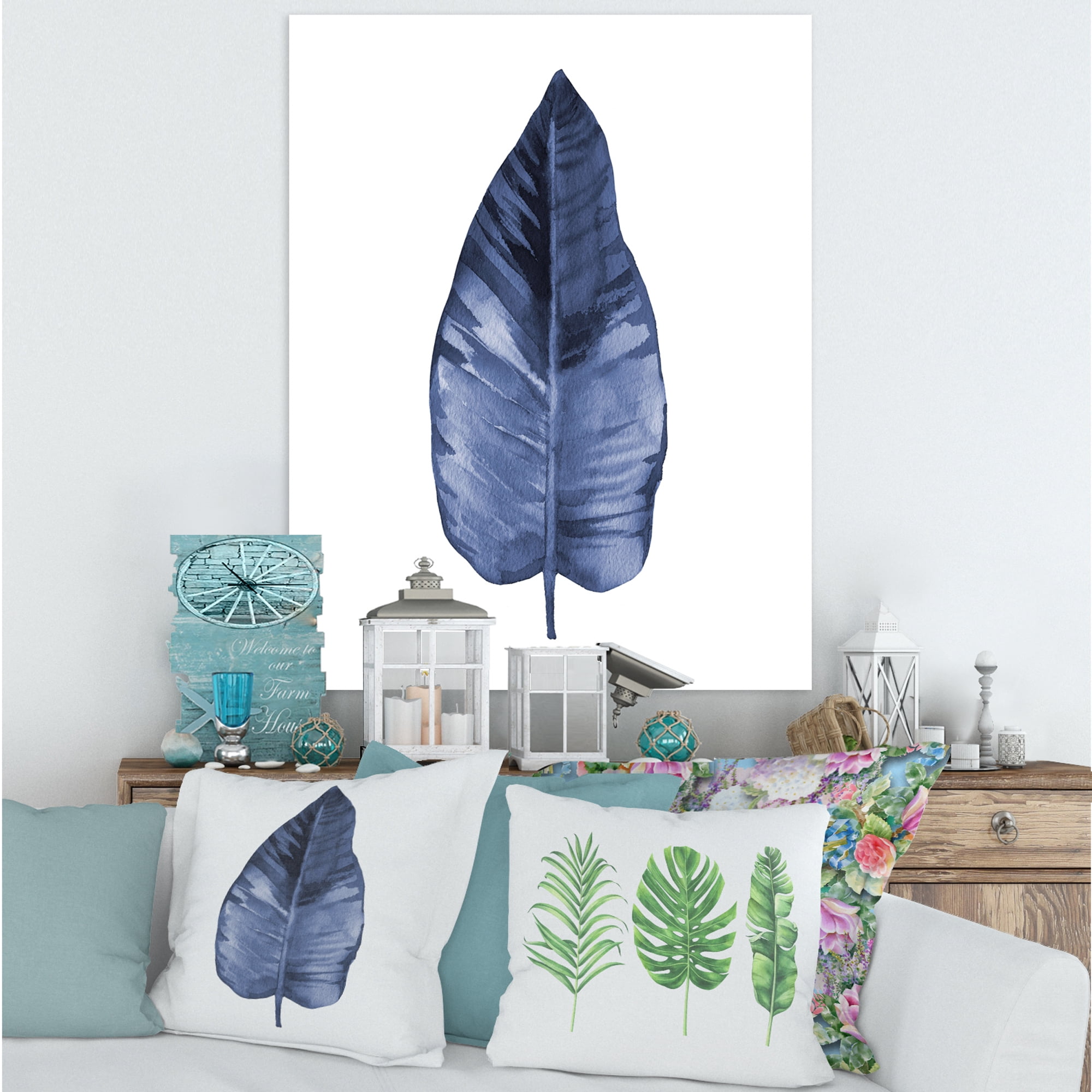 Designart ' Blue Leaf Watercolour On White Background ' Traditional Canvas Wall Art Print