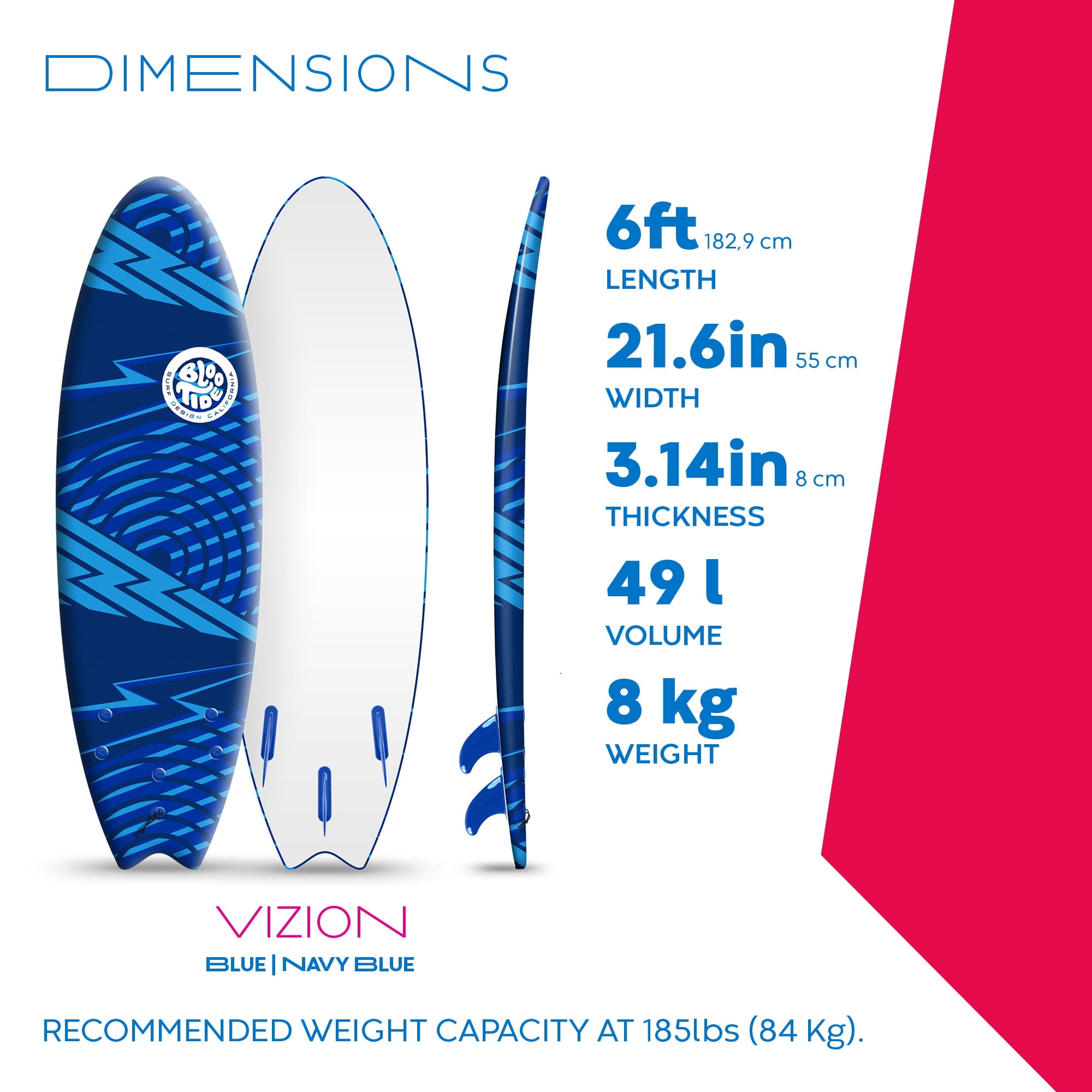 Bloo Tide 6 Ft Soft Top Surfboard, Swallow Tail, Teens and Adults, Graphic top Deck with high Density Slick Bottom, Blue Color, Leash and Fin Set In