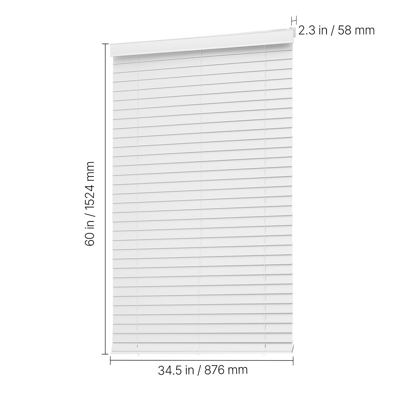 KFFKFF Cordless Faux Wood Blinds, 2" Slats, 34.5" W x 60" H, Window Shades with Decorative Valance, Easy to Maintain and Adjust Light, Ideal for Room Darkening and Home Interiors, White