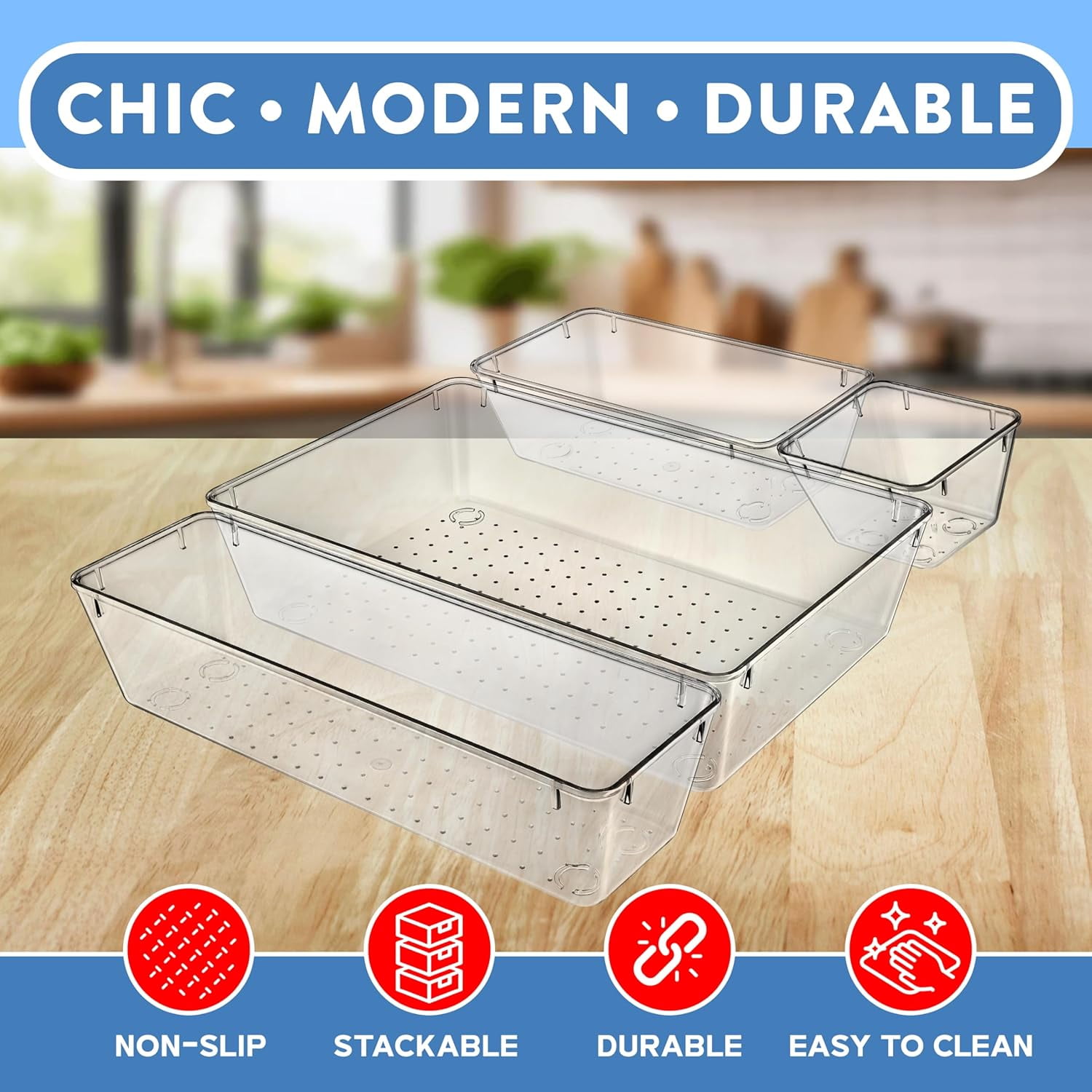 Lifemaster Drawer Organizer Set, 15-Piece Clear Stackable Storage Bins in 4 Sizes for Makeup, Kitchen, and Office Supplies