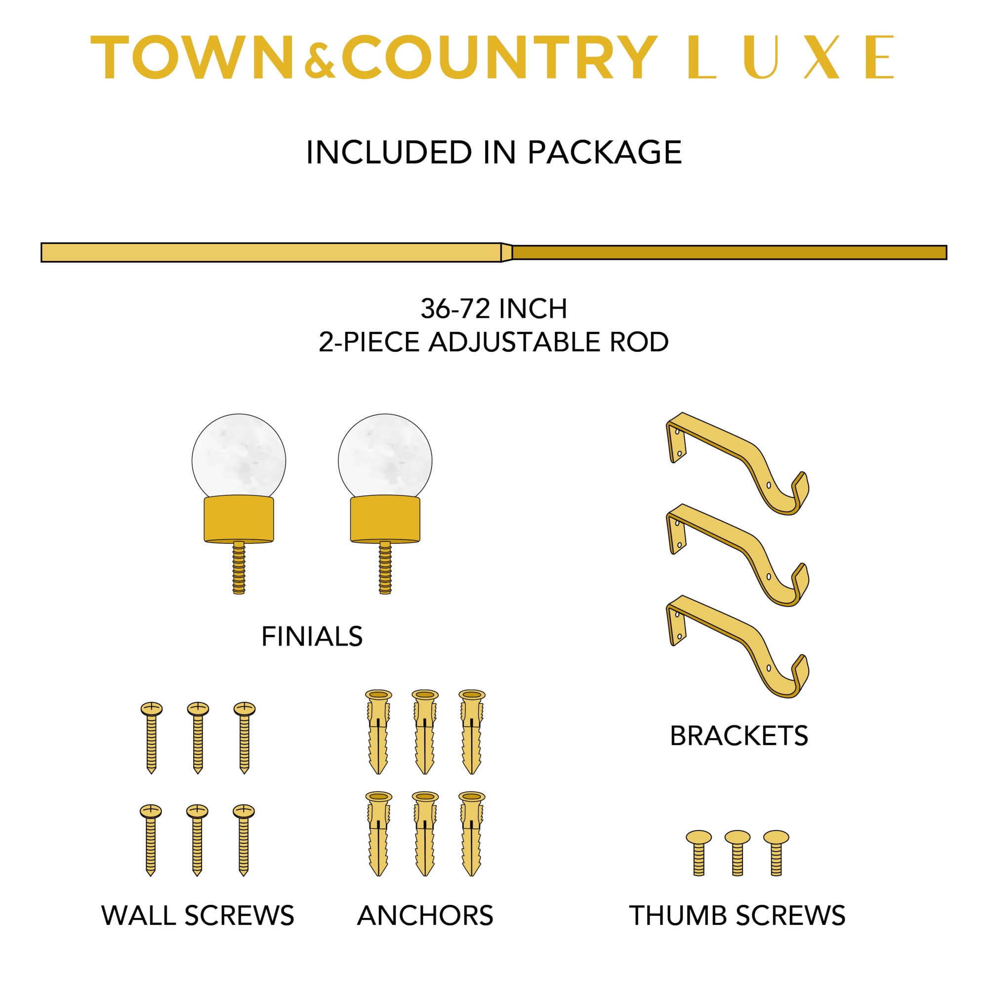 TOWN & COUNTRY LUXE Marbled Sphere Single Indoor Curtain Rod and Finial Set, Natural Marble Stone Look, Easy Install Wall Mount, Matte Black, Adjustable 36”-72”