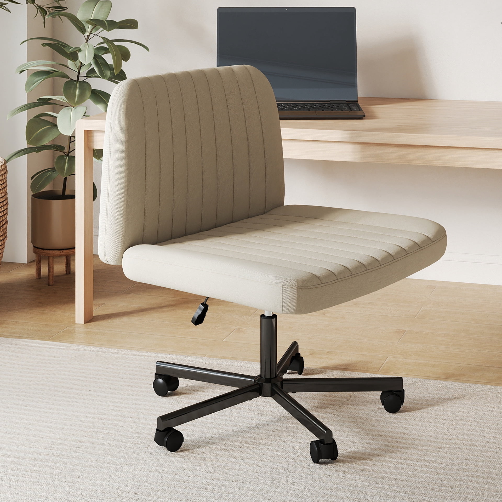 Melocadol Modern Criss Cross Office Chair, Extra Wide Armless Rolling Desk Chair with 360° Wheels, Adjustable Swivel Padded Fabric for Home, Office, Beige