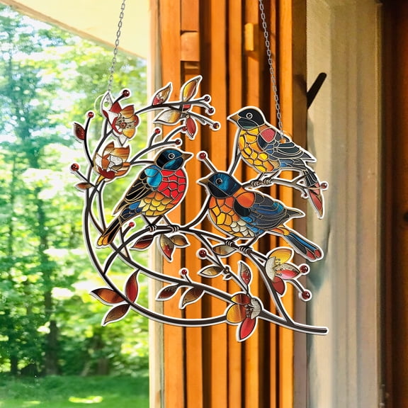 Three Birds on Branch Acrylic Window Hanging - 2D Stained Glass Style for Nature-Inspired Home Decor