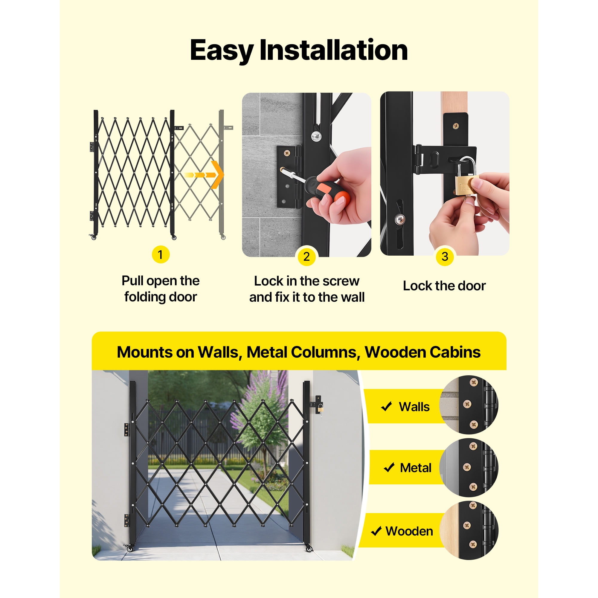 KFFKFF Single Folding Security Gate, Lockable Scissor Gate with Swivel Casters, Steel Retractable Gate for Entryways, Garages, Warehouses, and Pools, 43.31 x 51.57 in (W x H)