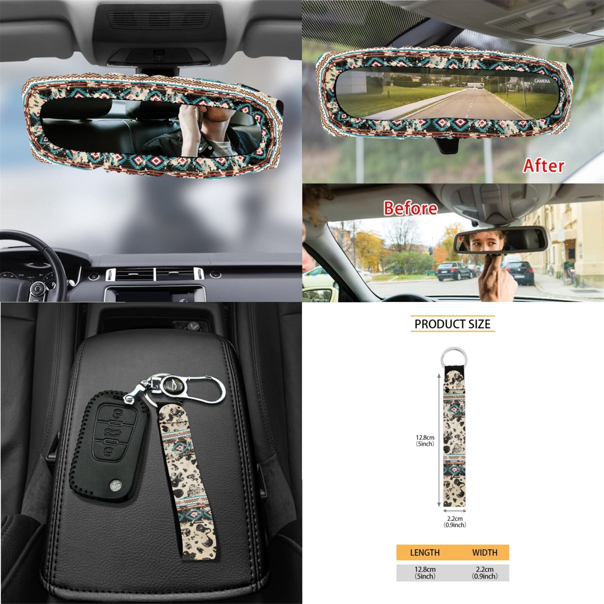 Yuyamidu Aztec Ethnic Car Seat Cover Set of 15 Cow Print Steering Wheel Cover Seat Belt Strap Pads Cup Coasters Trash Bag Air Vent Storage Bag Rearview Mirror Cover Keychain Auto Accessories