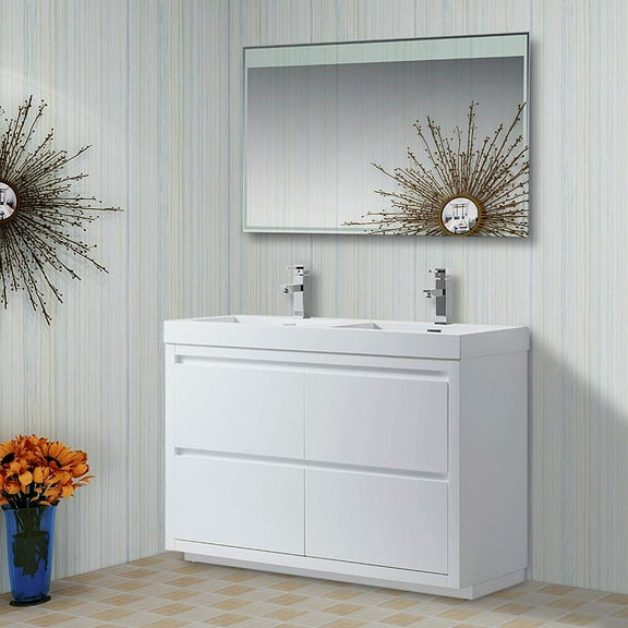 Vanity Art 48" Double Sink Floor Standing Wall Mount Bathroom Vanity Set Engineered Stone Top High-Glossy Finish Under Sink Cabinet