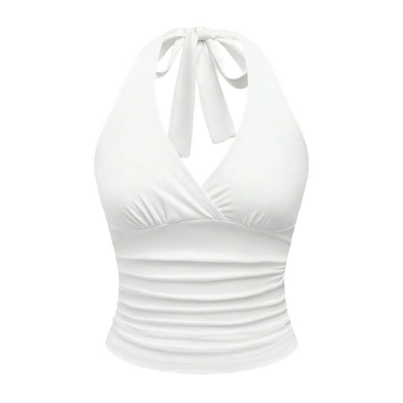 Women’s Stretchy Halterneck V Neck Camisole Top Solid Color Tie Back Backless Lightweight Layering Fitted Tanks Top