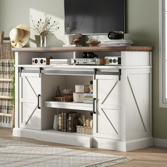 Merluxy Farmhouse TV Stand,Entertainment Center with Sliding Barn Door,Rustic Media Console,White