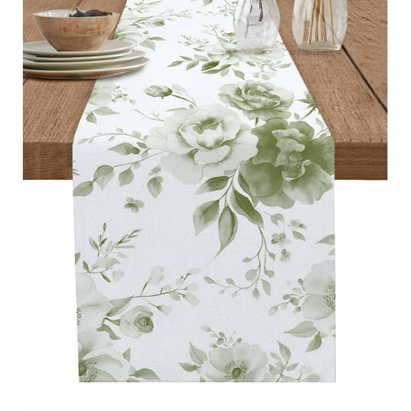 Ldtrchee Green Floral Art Table Runner 72 Inches, Watercolor Botanical Spring Flowers Bed Runner Dresser Scarves Tabletop for Indoor Outdoor Parties/Ceremony/Banquet, 14" x 72"