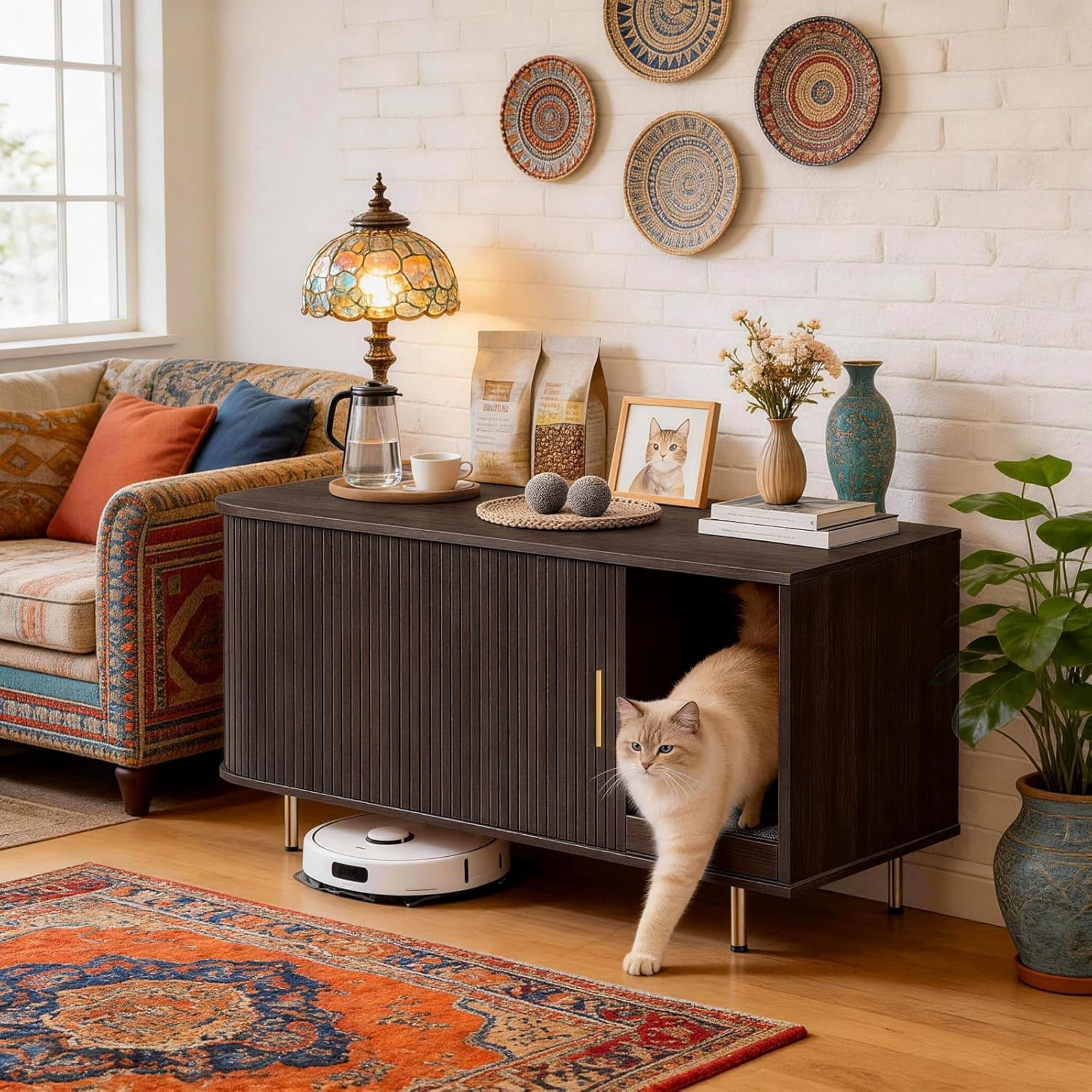 Cat Litter Box Enclosure Furniture with Sliding Door, Hidden Cat House Cabinet with Scratch Pad, Modern TV Stand Side Table, Coffee