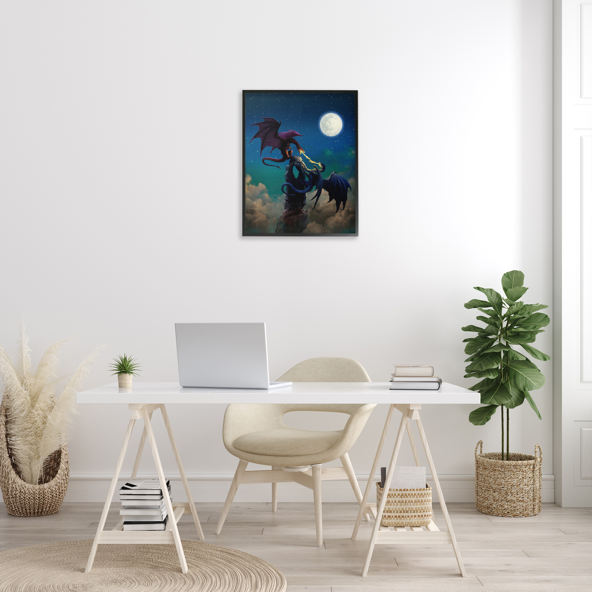 Stupell Industries Battling Dragons at Night Fairy Tales & Fantasy Painting Black Framed Art Print Wall Art, 24 x 30