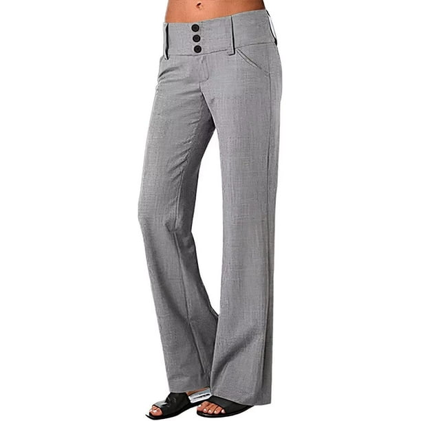 Pantalones elásticos de cintura baja para mujer con bolsillos, pantalones de vestir con pierna acampanada, pantalones pequeños para trabajo de oficina, negociosF-light Grey--button FrontMedium
