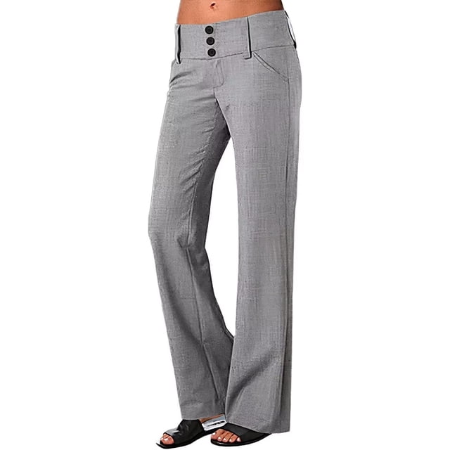 Pantalones elásticos de cintura baja para mujer con bolsillos Pantalones de vestir con pierna acampanada Pantalones pequeños para trabajo de oficina BusinessF-light Grey--button FrontXX-Large