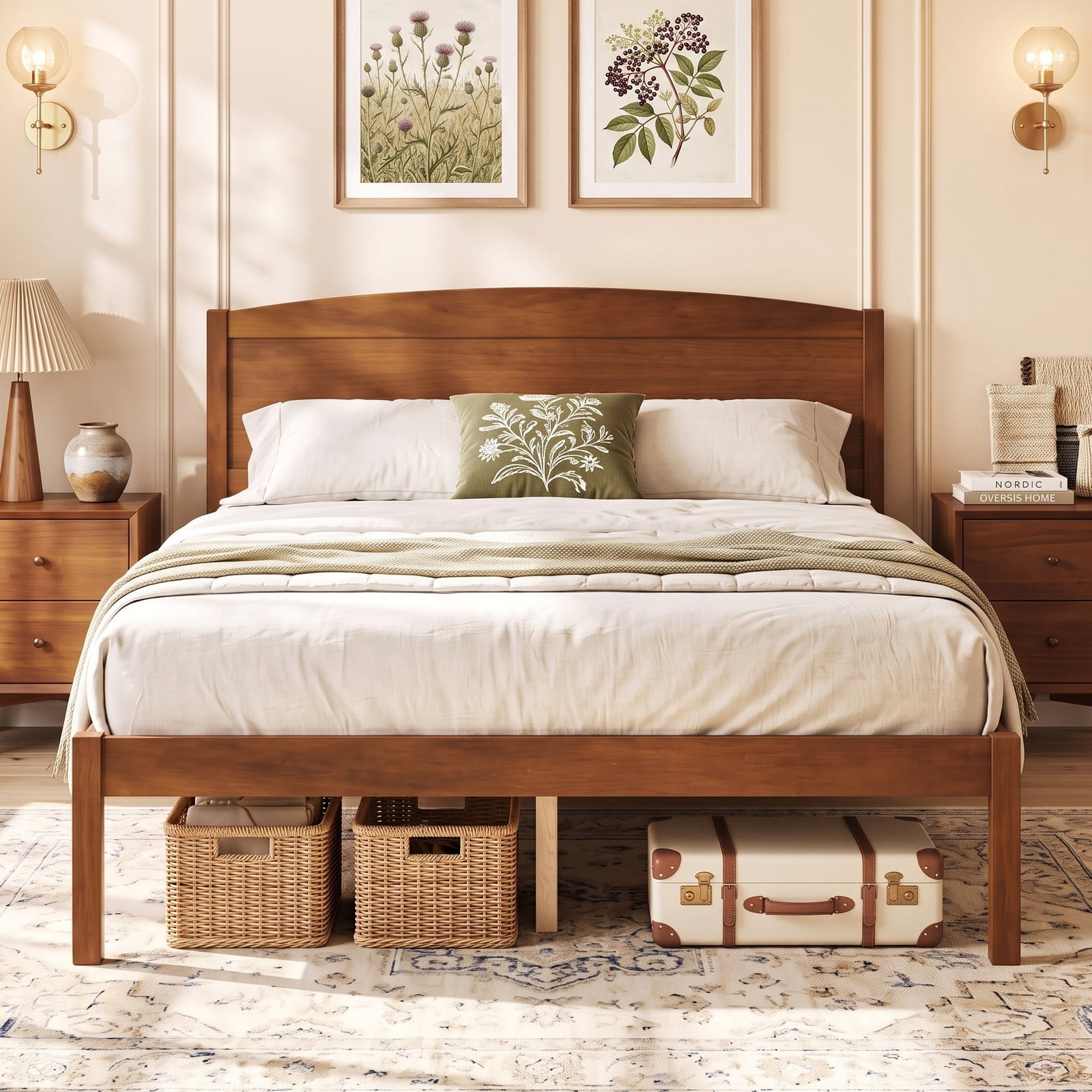 Furnibear Full Size Bed Frame with Curved Arched Headboard, Wood Platform Bed Frame with 8 Slats for Bedroom and Guest Room, Walnut