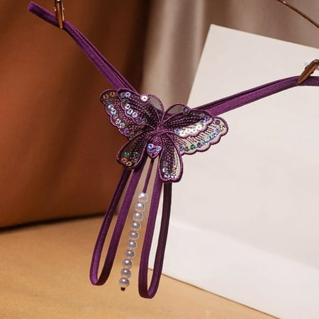 Women Sexy Butterfly G-String Beaded Frictional Open Crotch Underwear Thong Lingerie Panties Thongs Female Hollow Underpants Purple
