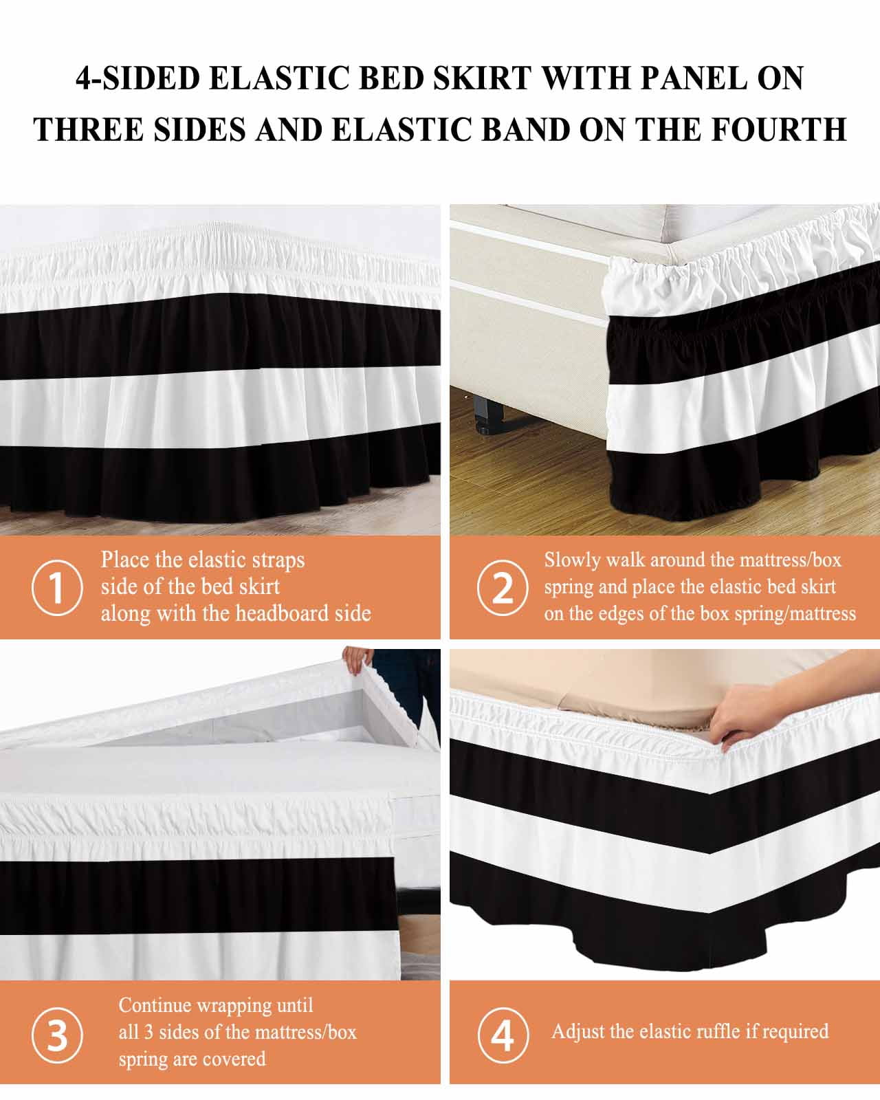 Black and White Stripe Pattern Bed Skirt Queen Size 16" Drop Simple Style Ruffled Wrap Around Bed Skirts Adjustable Elastic Bedskirt Dust Ruffle for Queen Size Bed