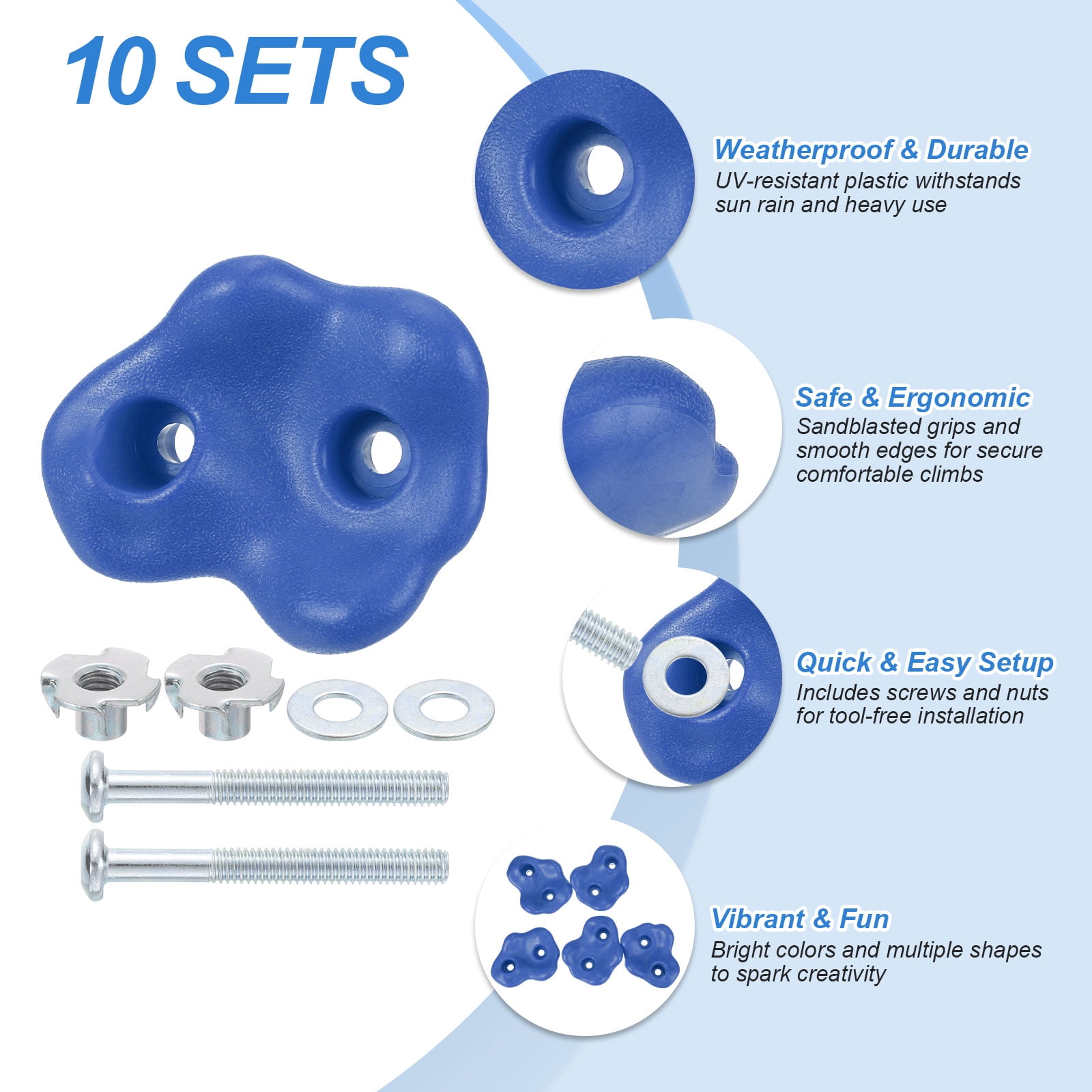 Rock Climbing Holds, 10 Pcs Large Climbing Rock Wall Grips with Double Hole for Playground Accessory, Blue-B
