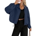 thumbnail image 2 of Women Casual Stand Collar Zip Up Fashion Hem Drawstring Pocket Loose Baseball Jacket with Pockets Navy Blue L, 2 of 9