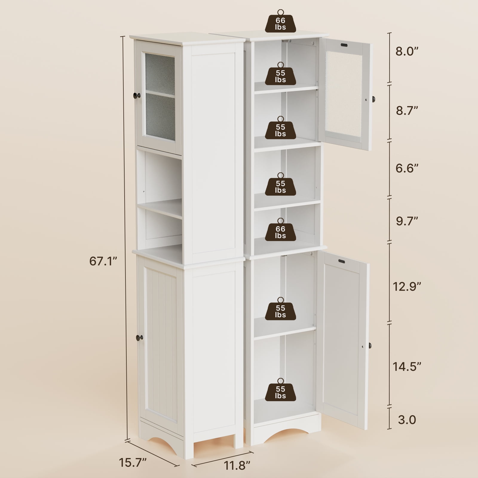 Aiho Bathroom Storage Tower–Two-Way Doors, Adjustable Shelves, Anti-Tip Freestanding Linen Cabinet for Home, Kitchen, Living Room White