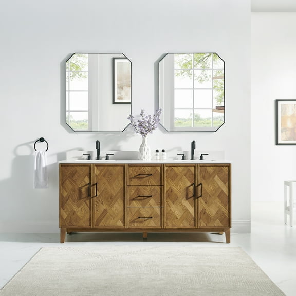 Clara 72"  Wood Vanity in Weathered Brown with Calacatta Quartz Top No Mirror