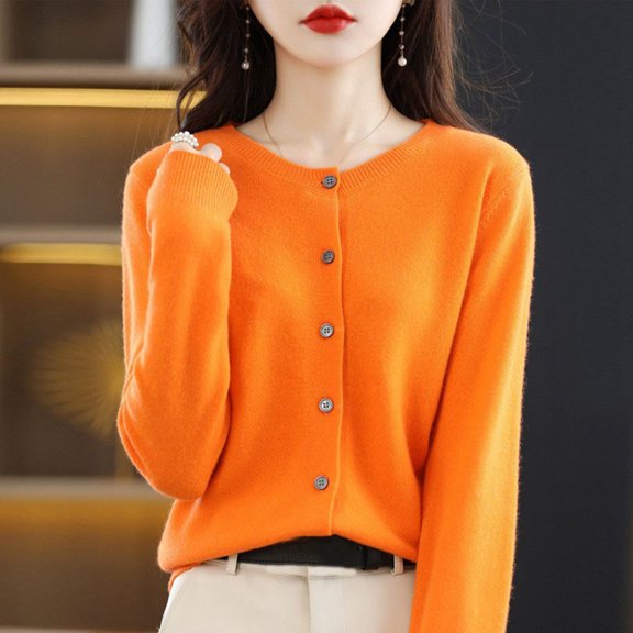 Women Knitted Spring And Autumn Round Neck Sweater Long Sleeve Solid Color All Cardigan Jacket Cactus Cardigans for Women Light Weight Sweaters Light Weight Summer Sweaters Clothes for Women Cardigan