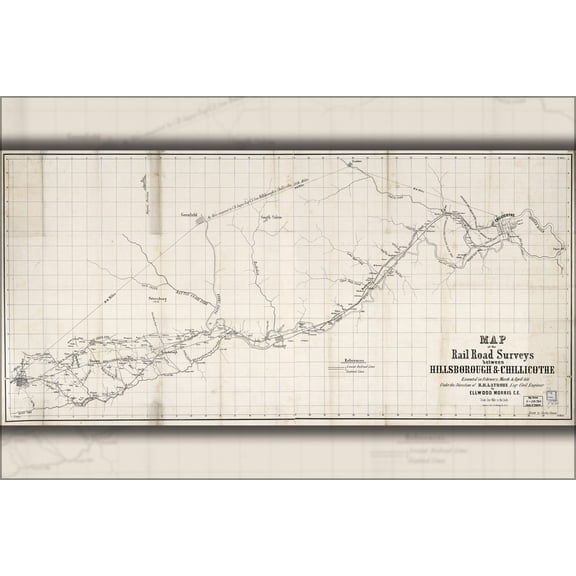 24"x36" Gallery Poster, Map r.r. Hillsborough to Chillicothe ohio 1851