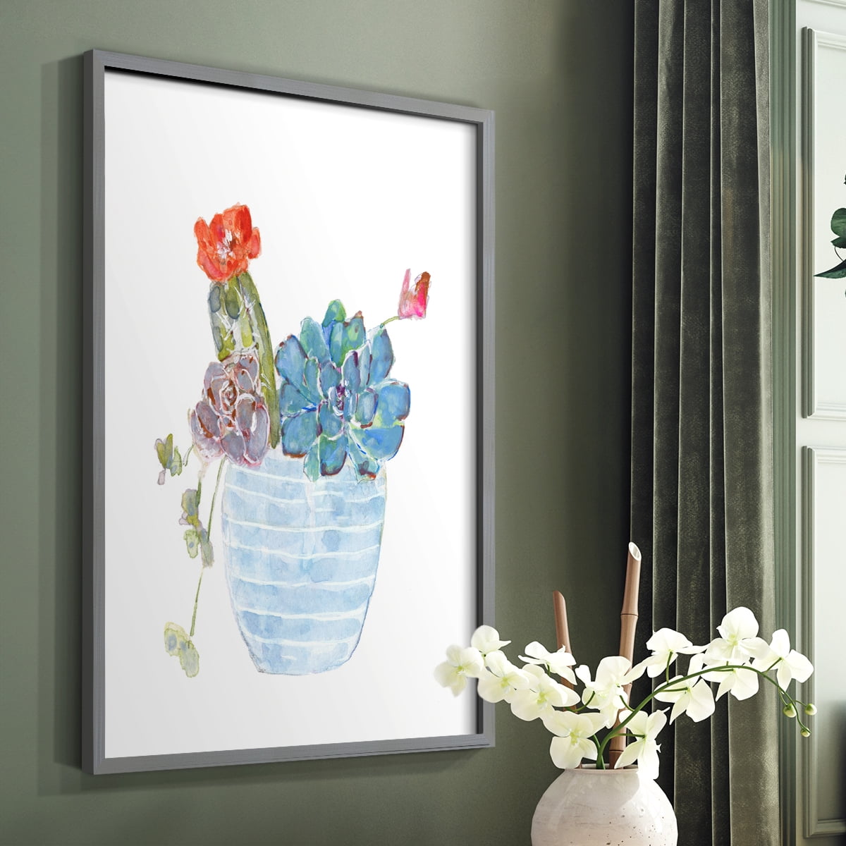 Cactus and Succulent Blooms I Framed Print in Gray Solid Wood Framed Print No Nail Hanging