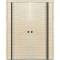 Sliding French Double Pocket Doors 84 x 96 inches | Planum 0011 Natural Veneer with Frosted Glass | Kit Trims Rail Hardware | Solid Wood Interior Bedroom Sturdy Doors