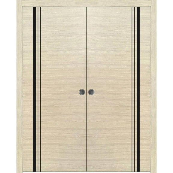 Sliding French Double Pocket Doors 36 x 80 inches | Planum 0011 Natural Veneer with Frosted Glass | Kit Trims Rail Hardware | Solid Wood Interior Bedroom Sturdy Doors