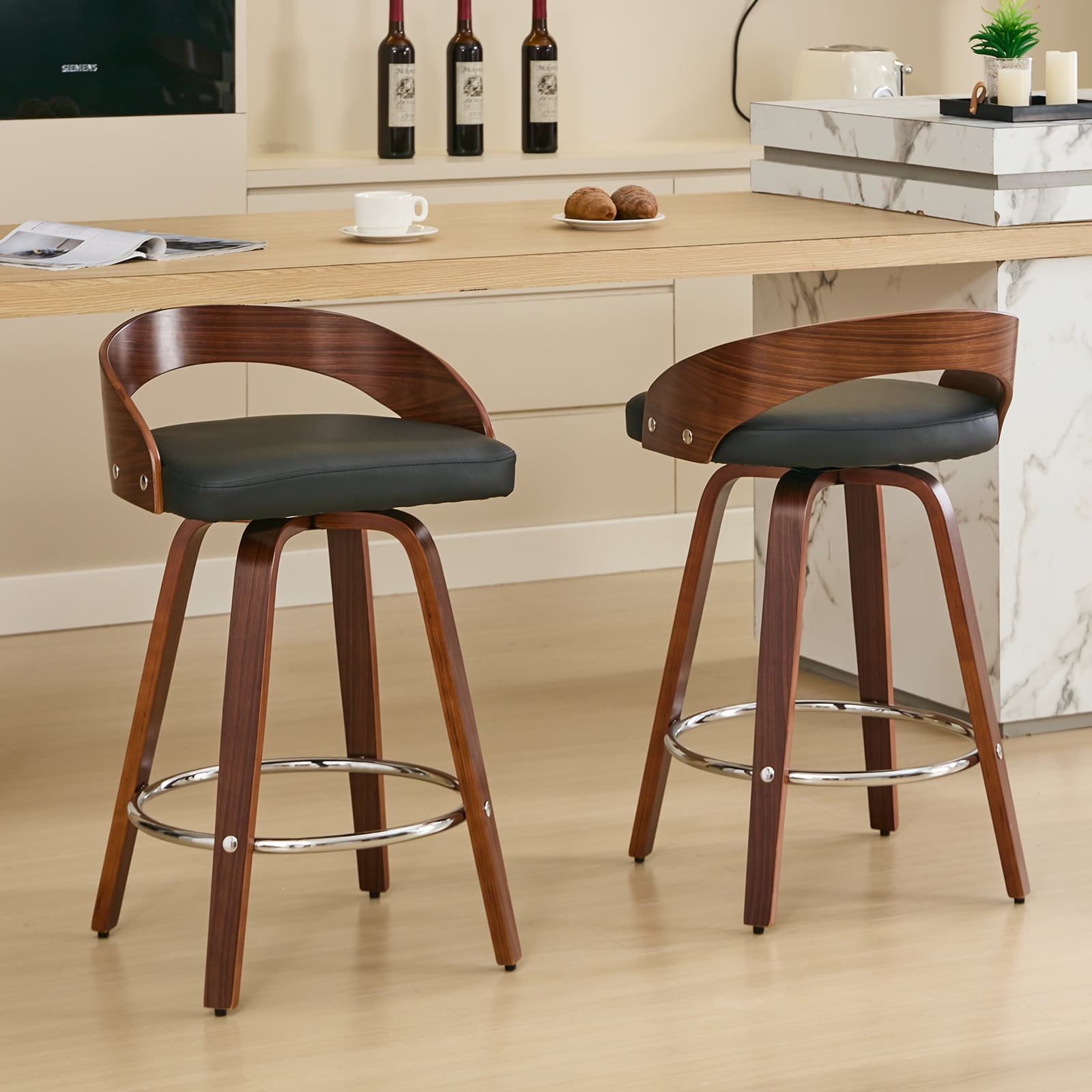 25" Counter Height Bar Stools Set of 4, Wood & PU Leather Counter Stools, Modern Swivel Bar Stools for Kitchen Counter Island, Barstool Chairs, Sillas Para Barra de Cocina (Black, 4 Pcs)