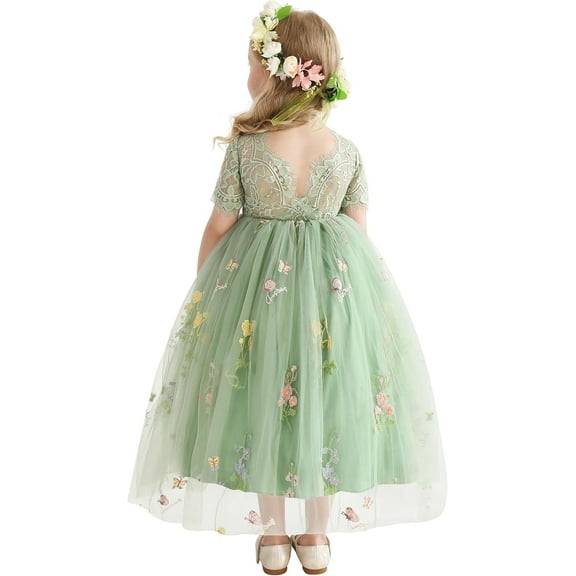 Latnnut Flower Girl Lace Back V-Neck Dress Full-Length Floral Embroidered Toddler Tutu Tulle Dresses for Girls