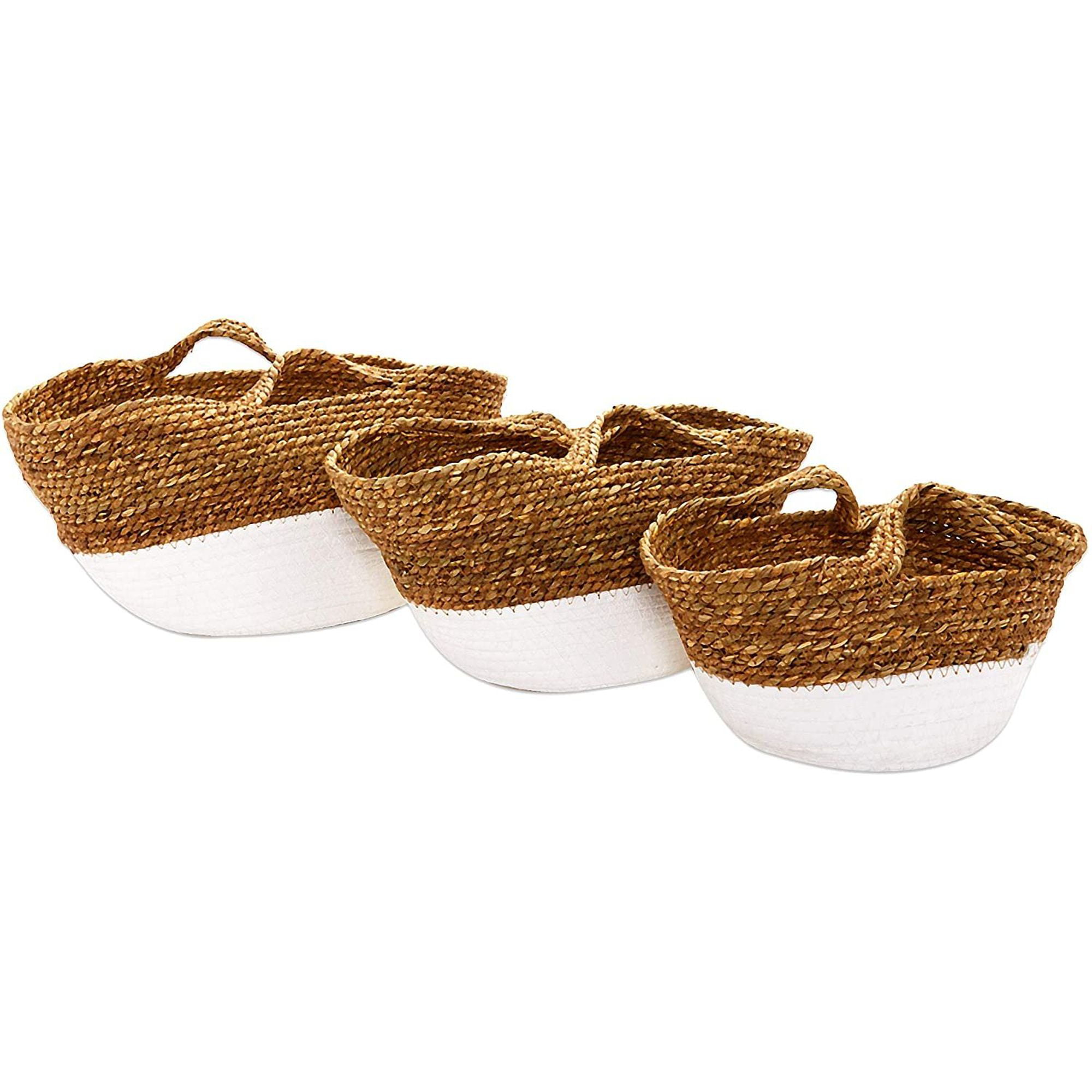 Set of 3 Round Boho Woven Rope Storage Baskets Bins with Handles, White/Yellow, 3 Sizes