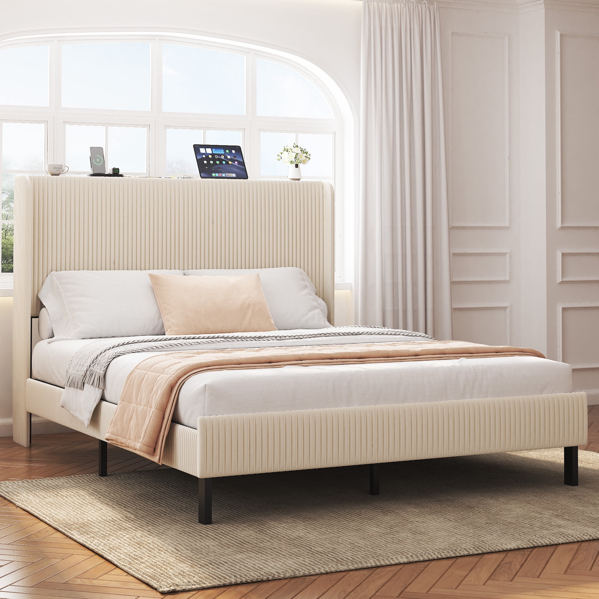 Yoneston Queen Size Platform Bed Frame with Velvet Upholstered Headboard Storage Shelf and USB Port Charging Station for Bedroom, Beige