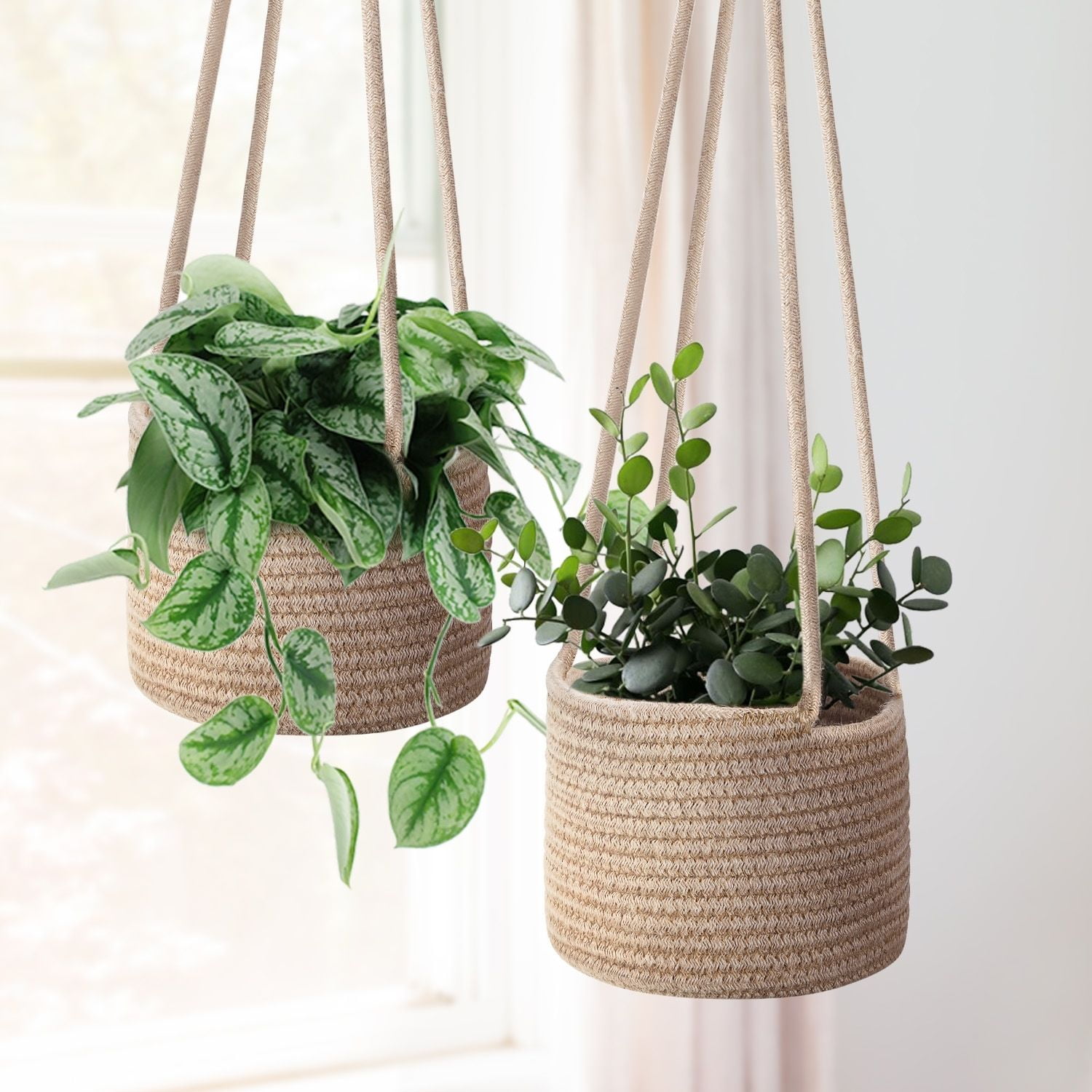 Hanging Plant Basket, Boho Cotton Rope Basket Indoor Hanging Planter, Up to 7" Flower Pot, Macrame Woven Modern Plant Holder, Storage Bin Organizer, Home Decor with 20" Hanging Rope, Brown