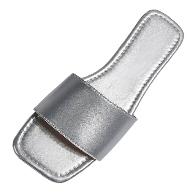 Silver Womens Casual Square Toe Exposed Toe Flat Sandals For Spring And Summer All-Match Outdoor Beach Wear Slip-On Comfortable Size 38