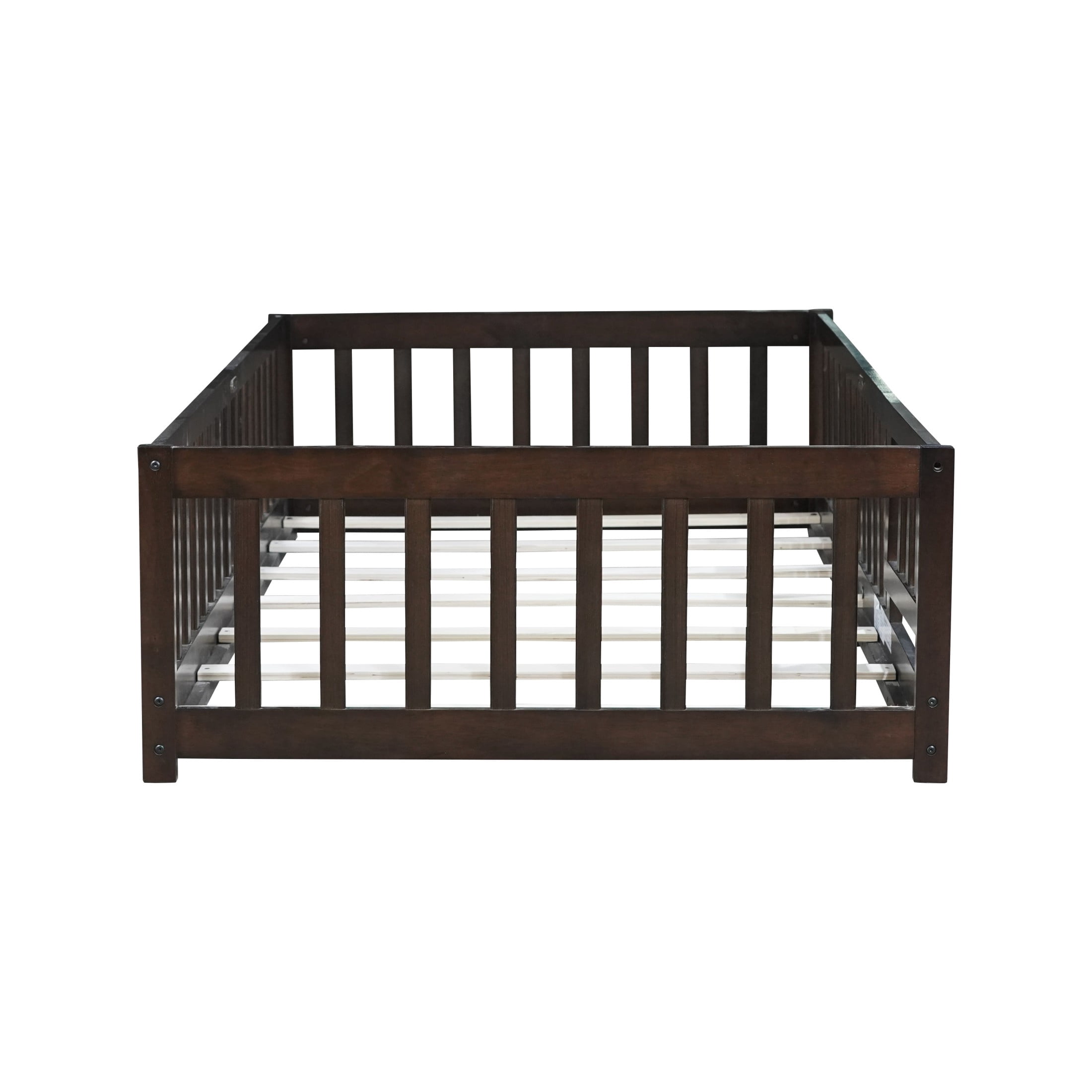 Noble House Twin Floor Bed with Safety Guardrails and Door, Rubber Wood Montessori Bed, Kid's Room, Espresso