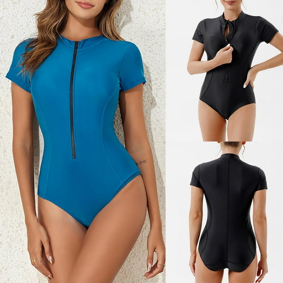 lcziwo Women's Front Zip Short Sleeve Rash Guard Swimsuit Solid Casual One Piece Swimwear 2025 Summer Beach Bathing Suit Vacation Outfits Black L Daily Sales Clearance