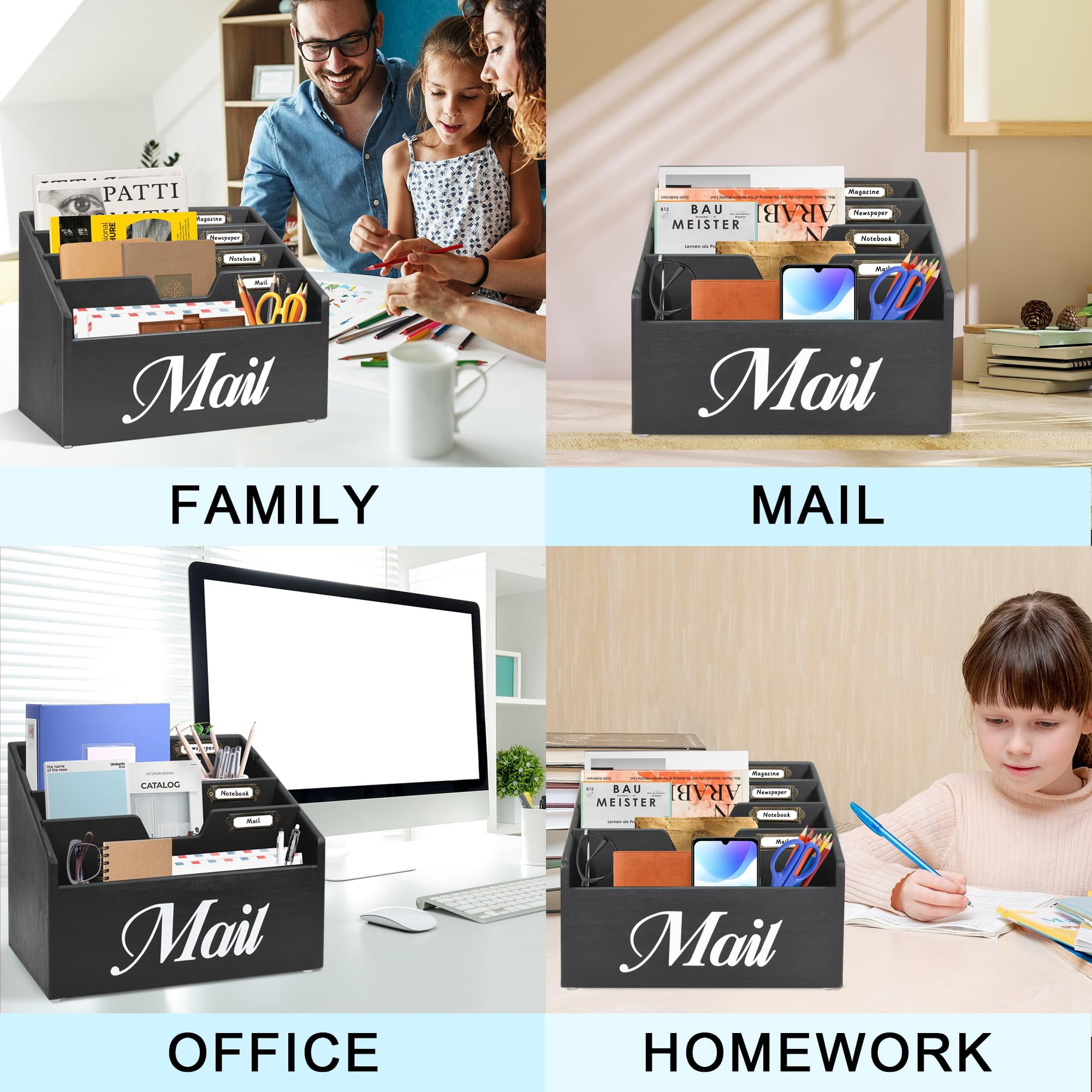 Rustic Mail Organizer for Desk, Mail Holder File Organizer Wall Mount, Office Accessories Mail Organizer Countertop with Removable Partitions, Desk Organizer for File Paper Folder, Black