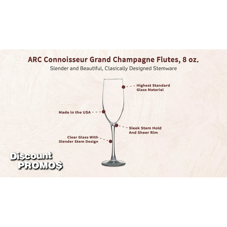10 ARC Connoisseur Grand Champagne Flutes Set, 8 oz. - Durable, Sleek,  Color Bottom, Barware - Clear