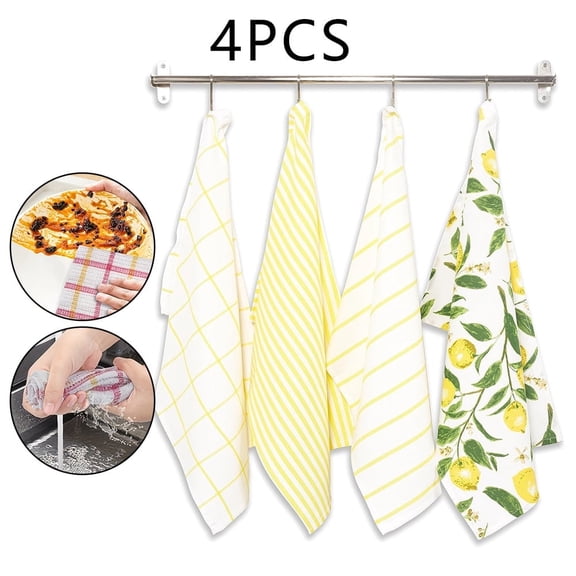 Set of 4 Lemon Print Kitchen Towels - 16x24 Inch Cotton Dish Towels with Hanging Loop