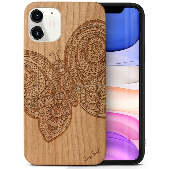 Case Yard Wooden Case Outside Soft TPU Silicone, Slim Fit Shockproof Wood Protective Phone Cover for Girls Boys Men and Women, Supports Wireless Charging Butterfly Design case for iPhone-12-Mini