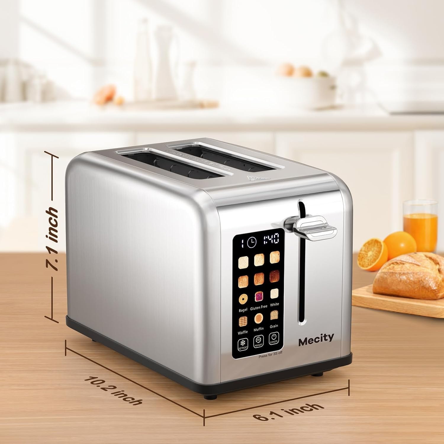 2 Slice Toaster Touch Screen 1.5" Wide Slot, Stainless Steel Smart Bread Toaster for Bagel Muffin Waffle Gluten Free Breads, Timer, Defrost, Reheat, 120V 825W