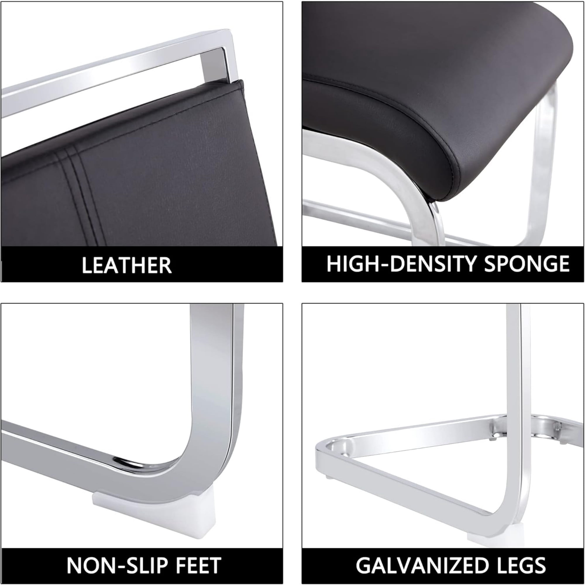 SUDICA Dining Chairs, Black PU Leather Upholstered, Chrome Metal Legs, Set of 2 for Kitchen Dining Room