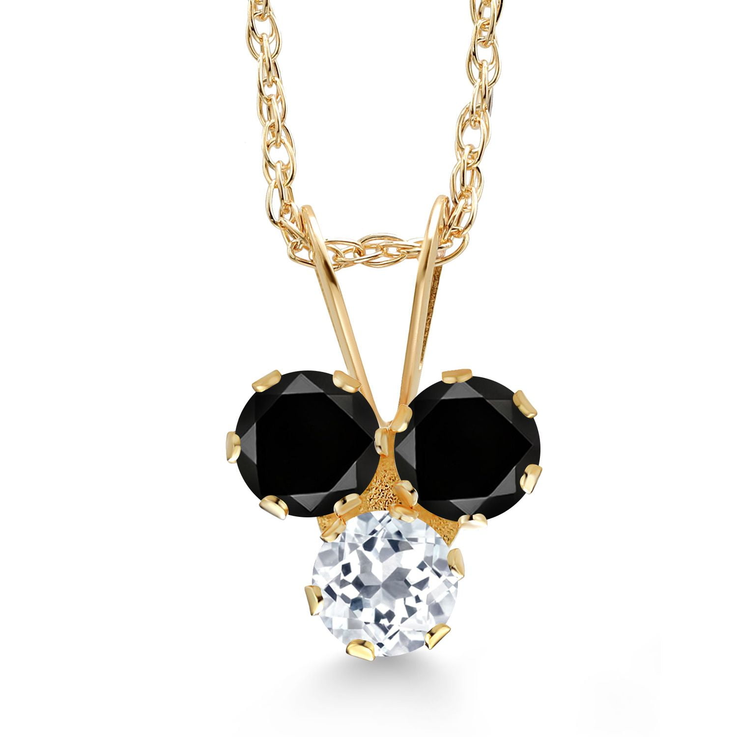 Gem Stone King 14K Yellow Gold Black Diamond and White Topaz 3-Stone Pendant Necklace for Women (0.34 Cttw, Gemstone April Birthstone, Round 3MM, 18 inch Chain)