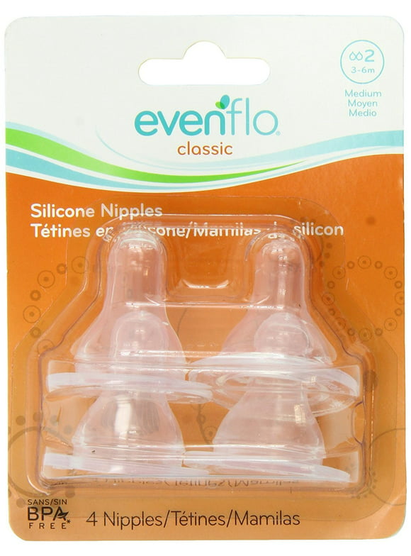 Evenflo 4 Pack Classic Silicone Nipple, Medium Flow (3-6 months)
