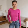 thumbnail image 2 of Fgnfyis Womens Long Sleeve Tops Stretch Crewneck Ribbed T Shirt Fitted Casual Basic T Shirts for Women Hot Pink M, 2 of 4