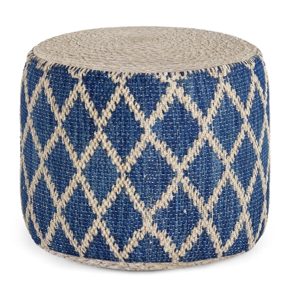 Simpli Home Edgeley 18 inch Wide Boho Round Pouf in Classic Blue and Natural Handwoven Jute and Cotton
