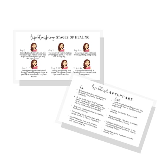 Tarjeta de instrucciones sobre las etapas de curación y cuidados posteriores del rubor labial Lashicorn | Paquete de 50 | Tamaño de tarjeta de visita de 2 x 3,5 pulgadas | Colorete de labios Brillo de